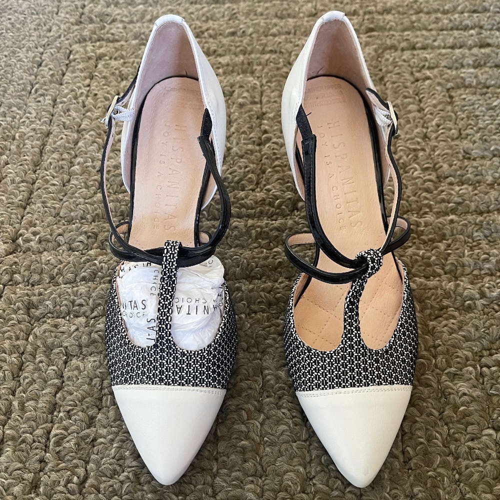 New Hispanitas T-Bar Black and Cream Pumps EU Size 38 (US 7.5)